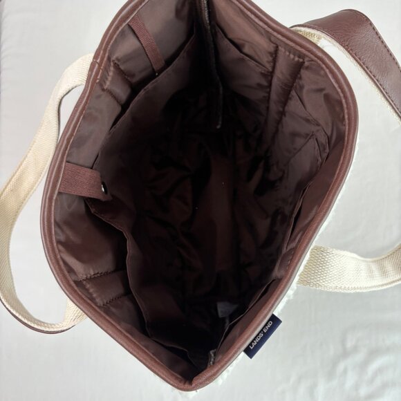 Lands End Sherpa Tote Bag Faux Leather Accents Cream Brown - Picture 7 of 15